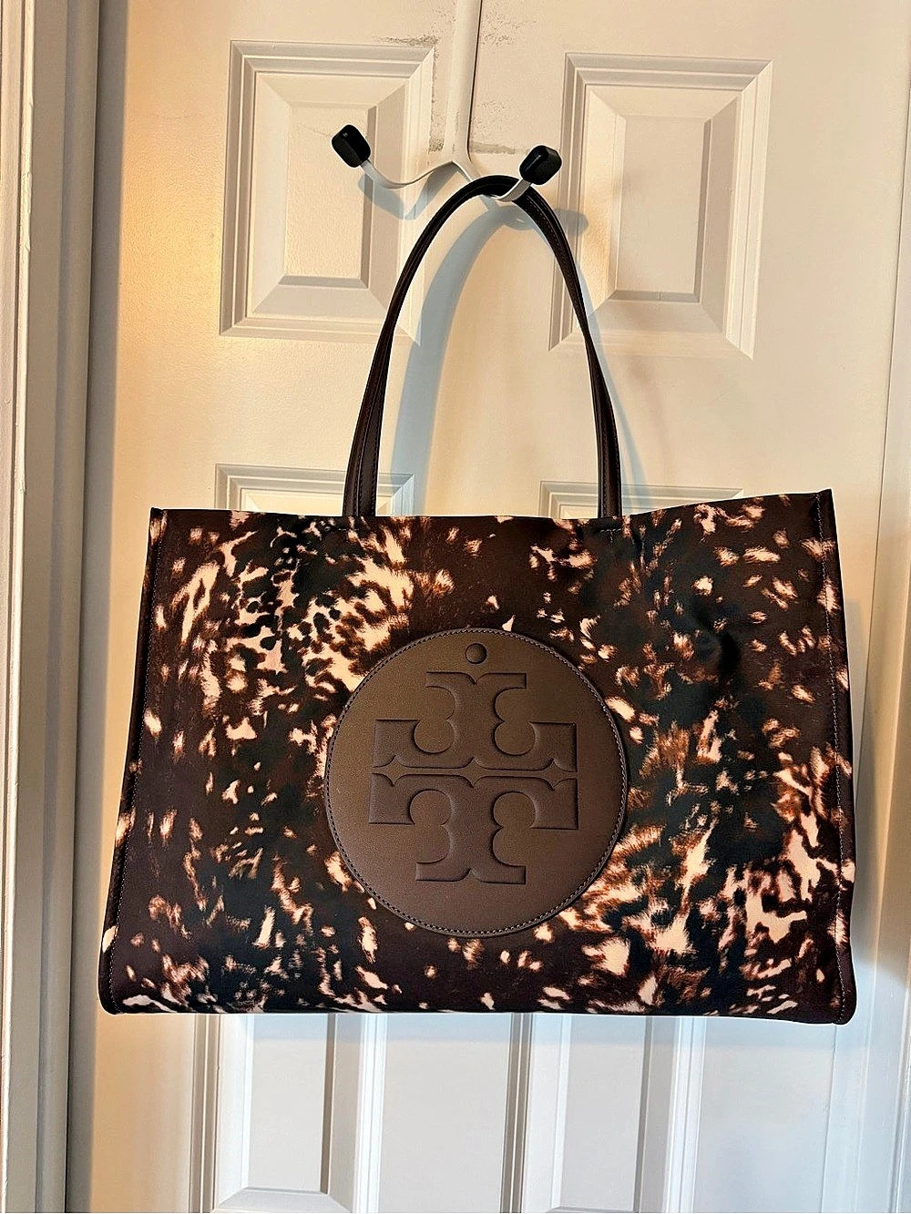 NWT! Tory Burch Ella Printed Tote Fall Fawn Brown & Black